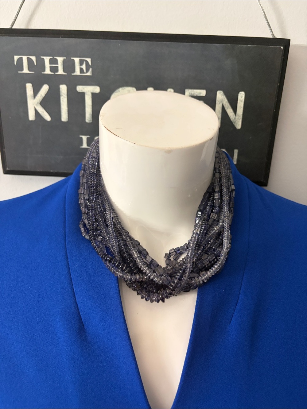 Multi-Strand Blue Glass Beaded Necklace and ring
